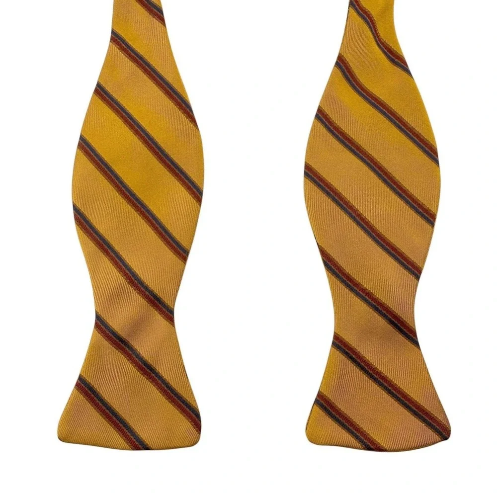 J Hanamer Silk Self Tie Bow Tie Gold‎ Navy Burgundy Repp Stripe USA Handmade Ivy